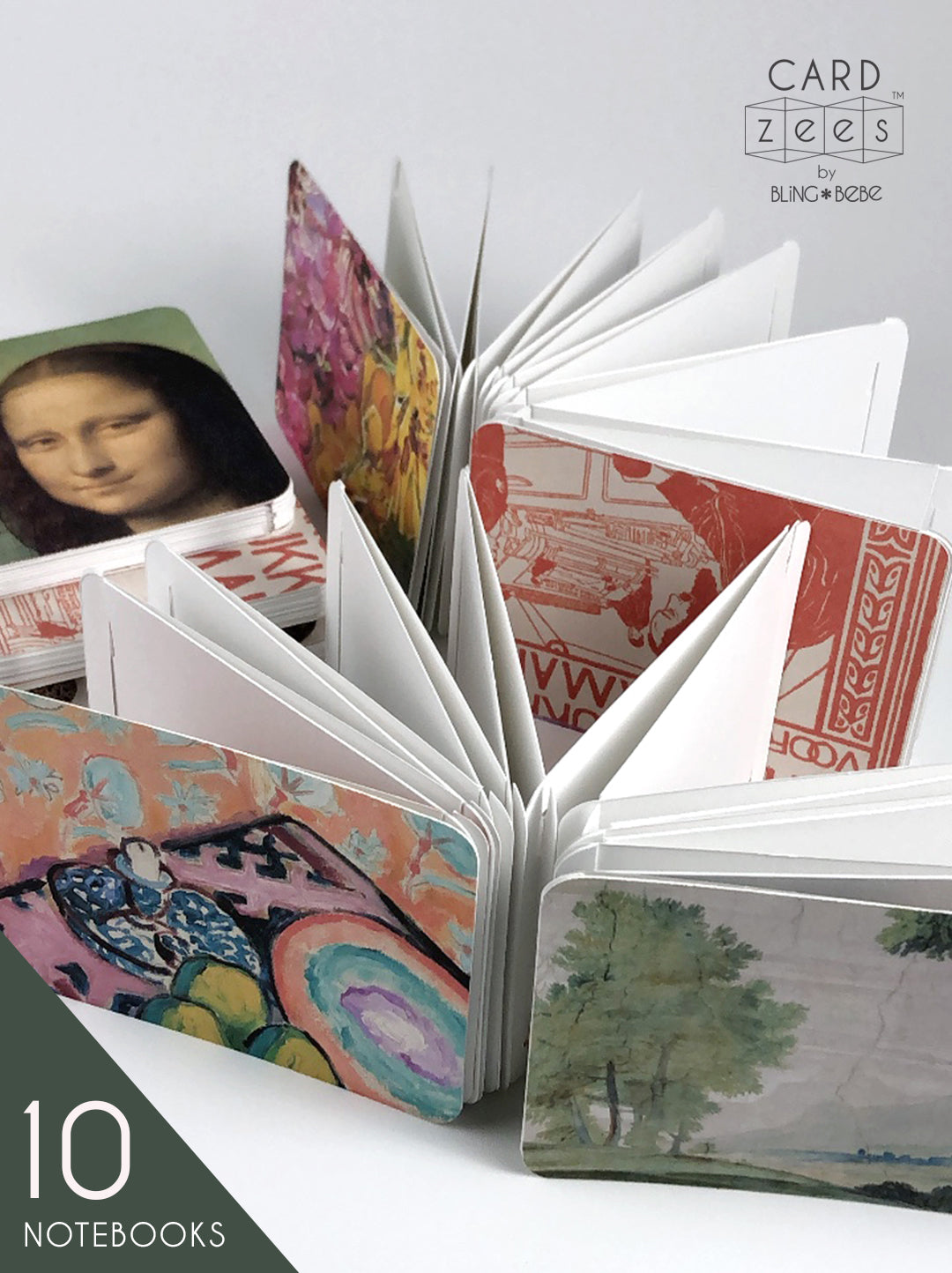 A collection of  CARDzees notebooks, a scrapbook, a journal, a storybook, or a sketchbook. Paint, sketch, stamp or sticker, fold flat or expand to make an eye catching display. 