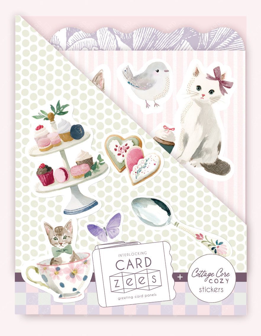 Packaging of 'CardZees' with illustrations of a cat, teacup, and desserts on a polka dot background. Cute stickers plus interlocking panels easily make a storybook-style unique birthday card.