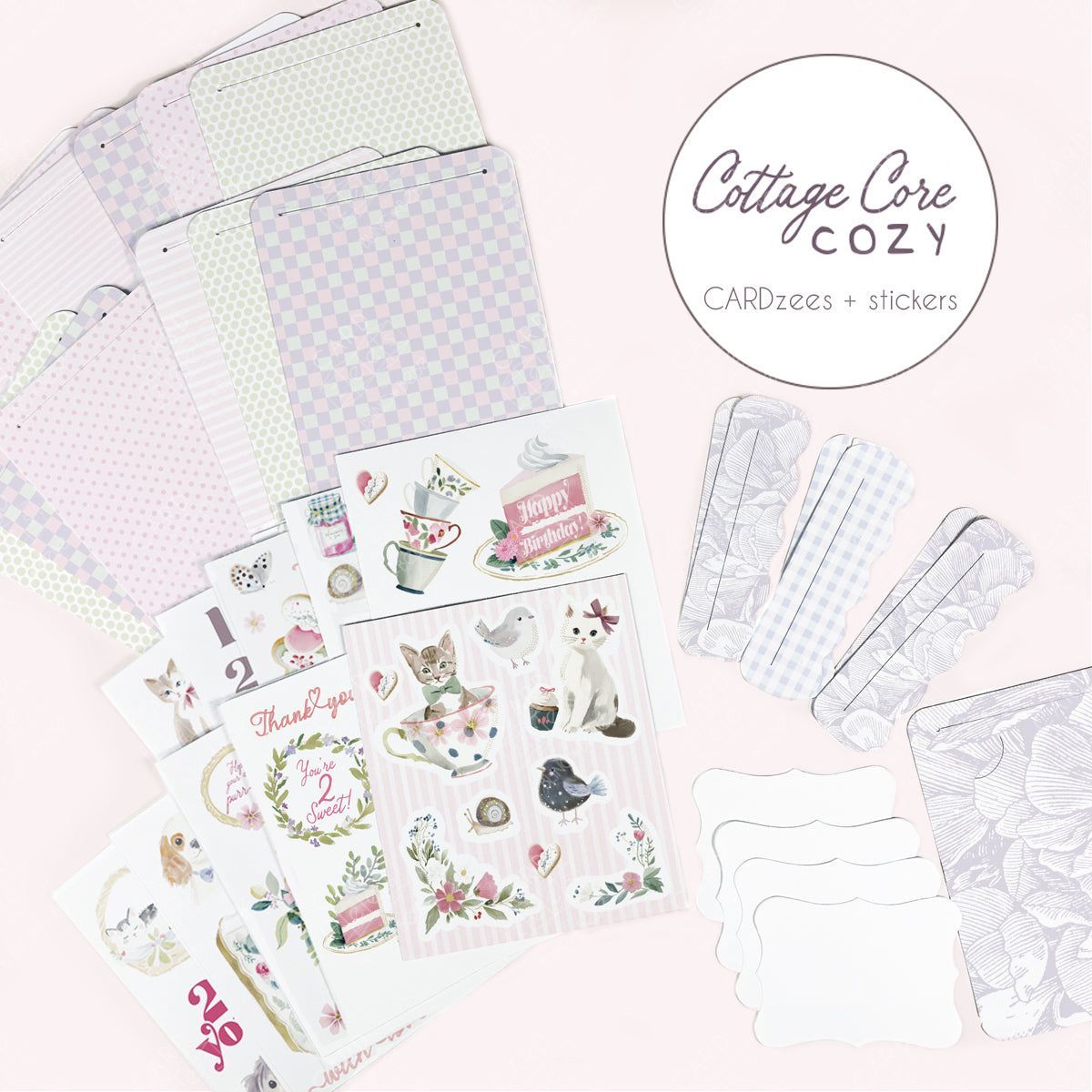 Cute stickers plus interlocking panels easily make a storybook-style unique birthday card. Collection of stationery items including heavy card stock panels and stickers with a 'Cottage Core Cozy' branding.