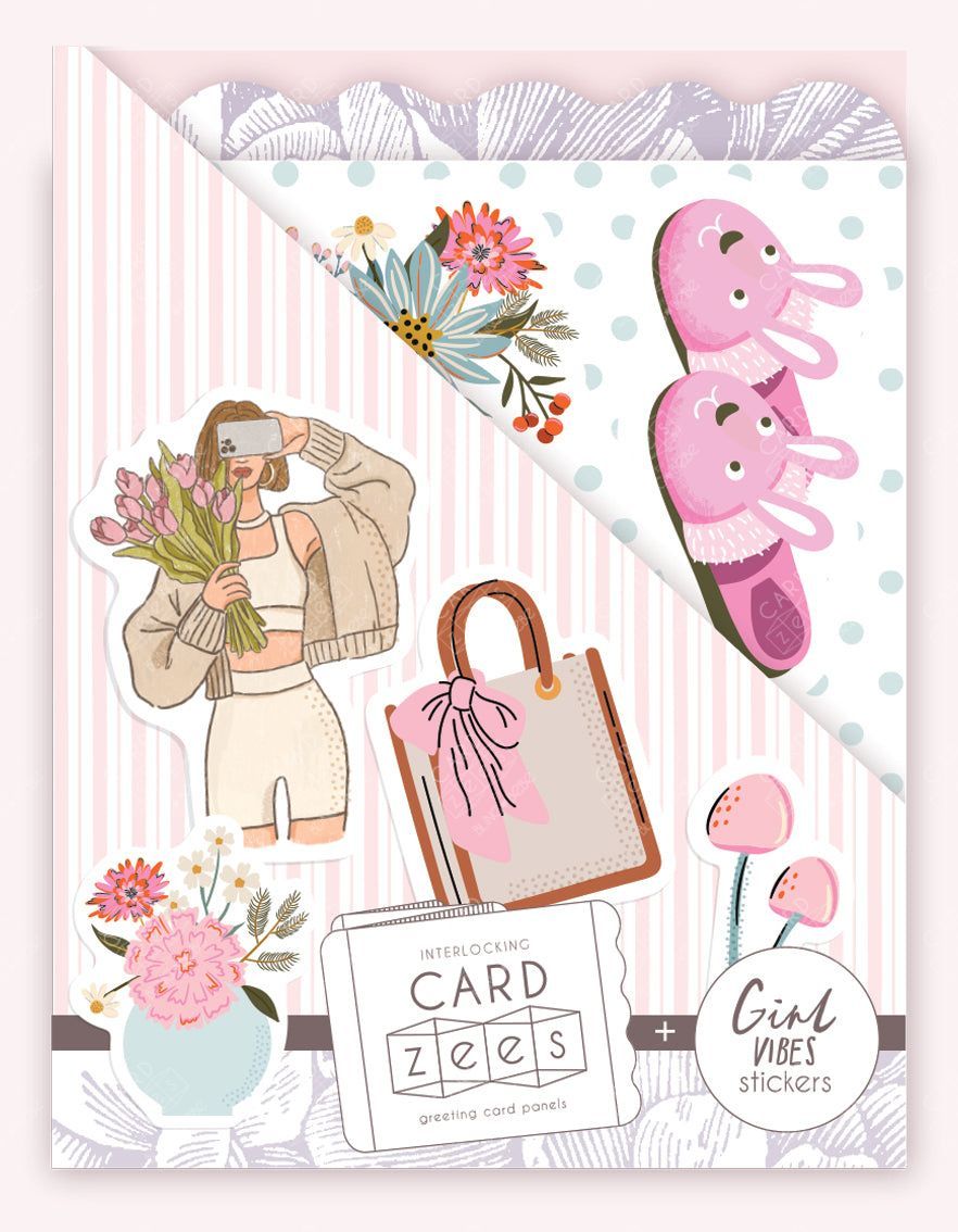 Cute stickers plus interlocking panels easily make a storybook-style unique birthday card. Sticker sheet with illustrations of a woman, flowers, shoes, and a handbag on a decorative background.