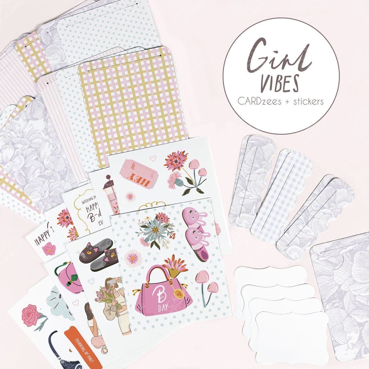 Cute stickers plus interlocking panels easily make a storybook-style unique birthday card. Collection of stickers and clear plastic sheets with 'Girl Vibes' branding on a pink background.