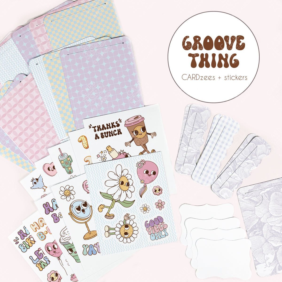 Cute stickers plus interlocking panels easily make a storybook-style unique birthday card. Collection of stickers and cardzees panels with 'Groove Thing' branding on a light pink background.