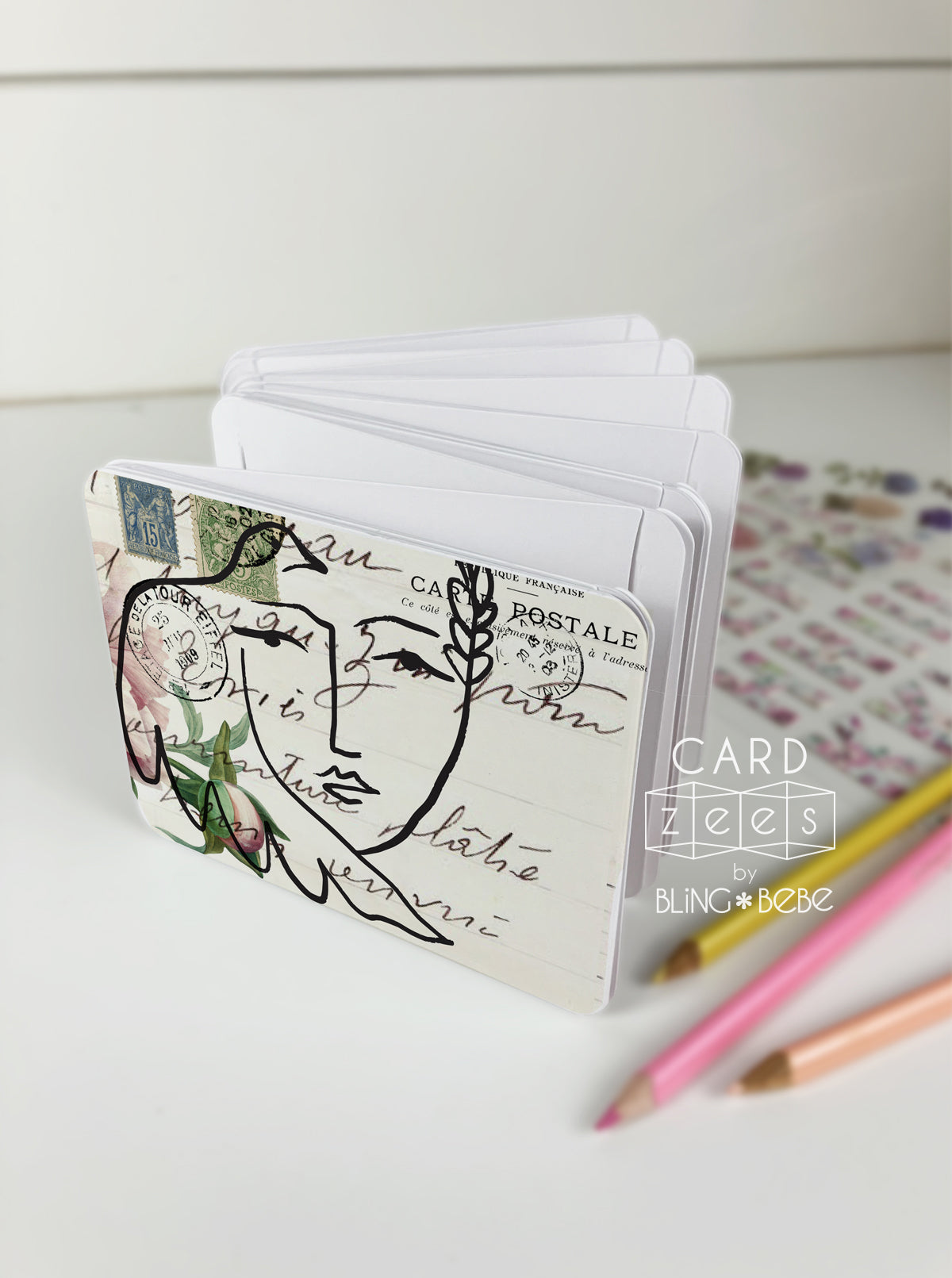 Pretty Post CARDzees notebook, a scrapbook, a journal, a storybook, or a sketchbook. Paint, sketch, stamp or sticker, fold flat or expand to make an eye catching display. 
