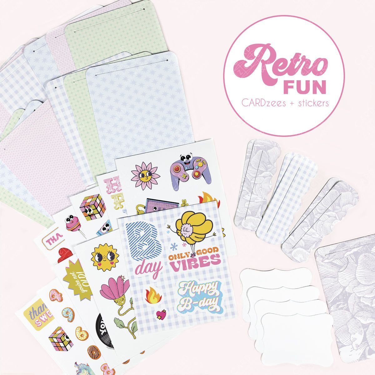 Cute stickers plus interlocking panels easily make a storybook-style unique birthday card. Collection of retro-themed stickers with colorful designs  and cardzees mix and match greeting card panels.