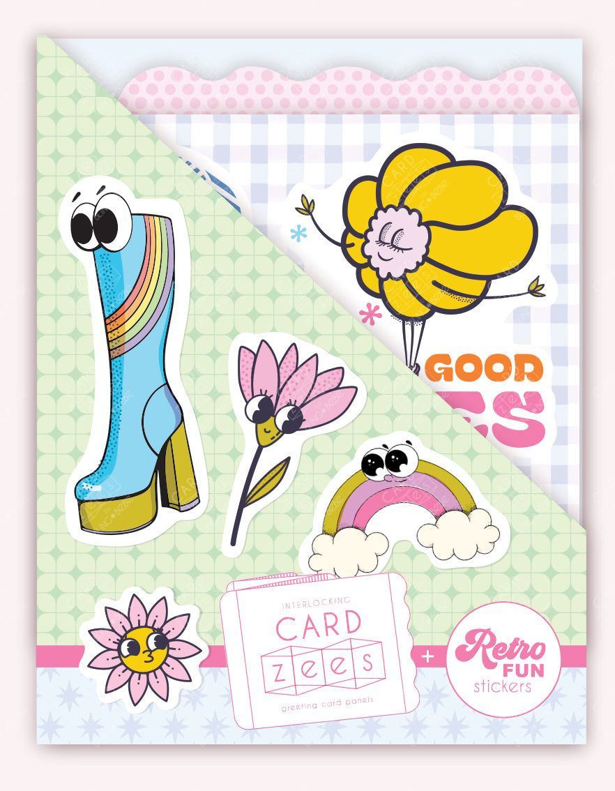Packaging of 'Card Zees' stickers with cartoonish designs on a colorful background. Cute stickers plus interlocking panels easily make a storybook-style unique birthday card.