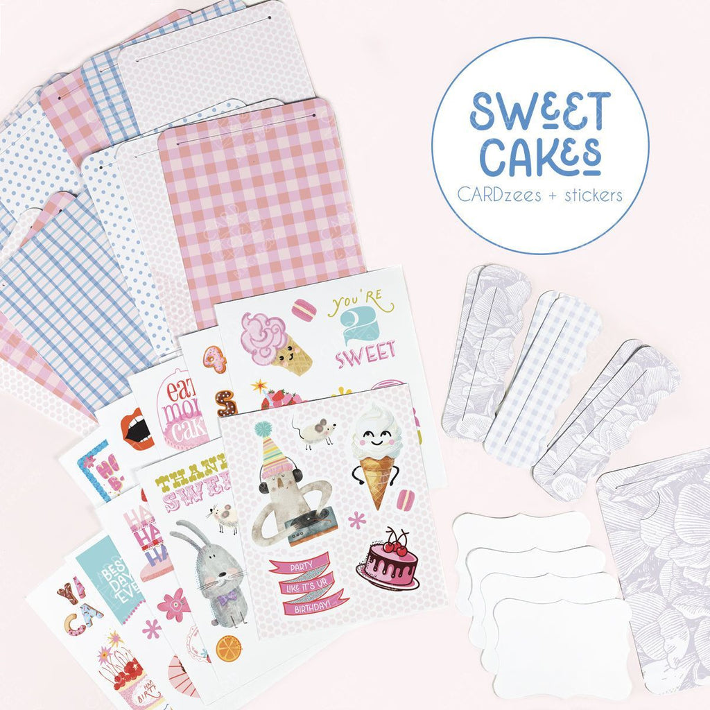 Cute stickers plus interlocking panels easily make a storybook-style unique birthday card. Collection of cardstock sheets with checkered patterns and stickers featuring cake-themed designs on a light pink background.