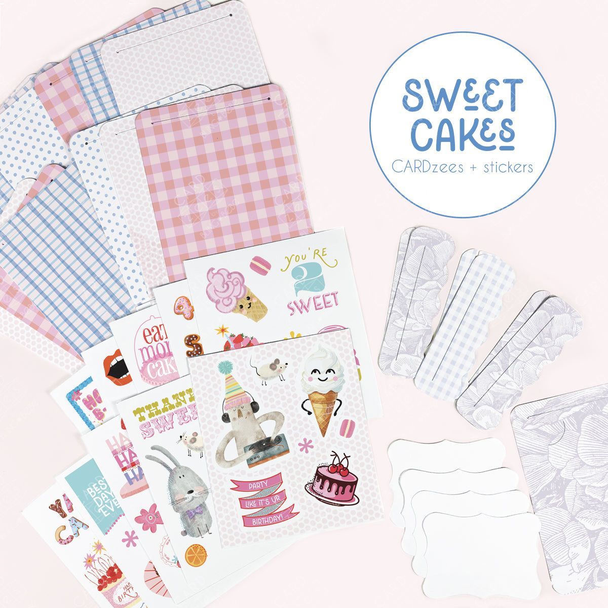 Cute stickers plus interlocking panels easily make a storybook-style unique birthday card. Collection of cardstock sheets with checkered patterns and stickers featuring cake-themed designs on a light pink background.
