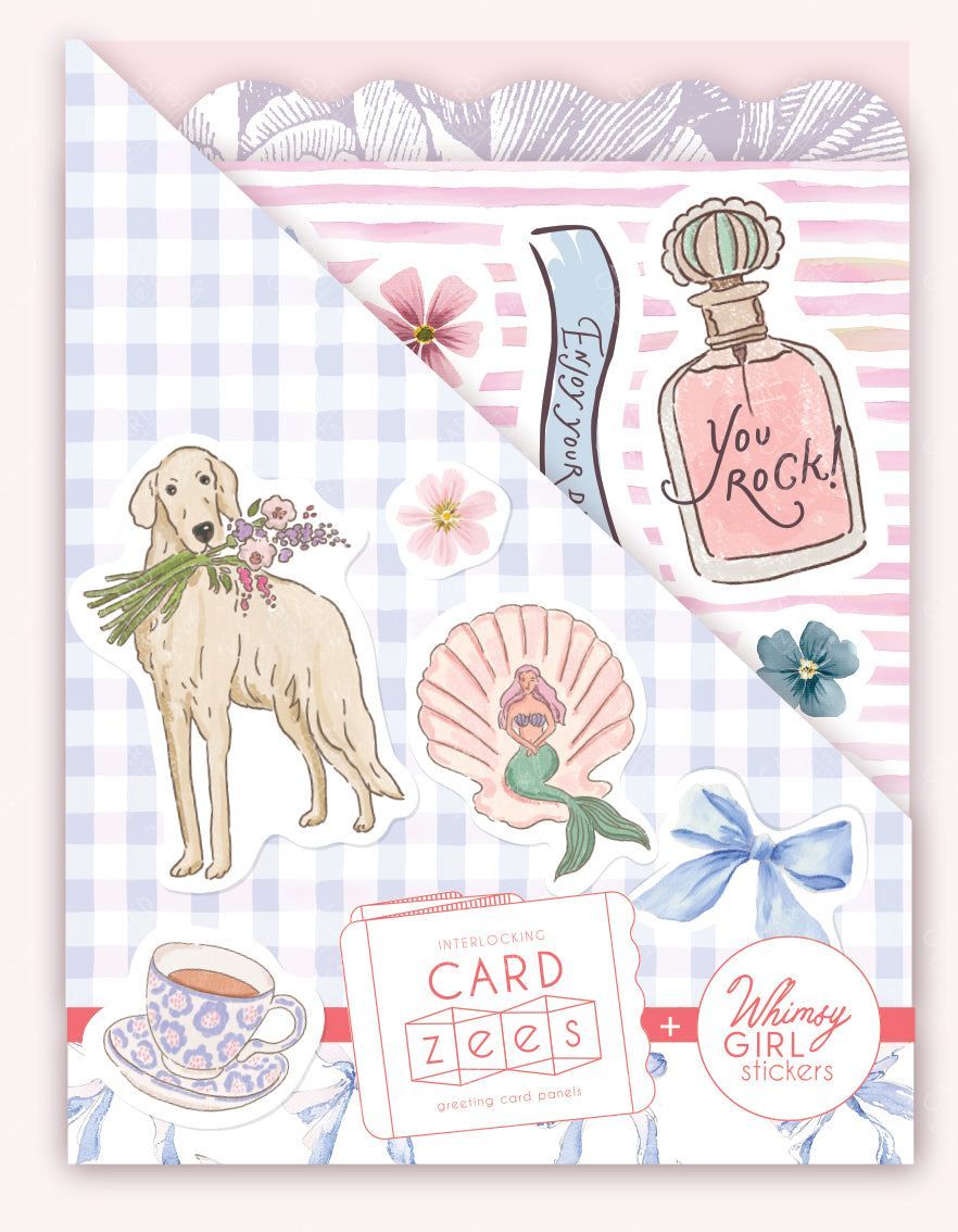 Cute stickers plus interlocking panels easily make a storybook-style unique birthday card. Packaging of CardZees and Whimsy Girl stickers with illustrations on a checkered background.