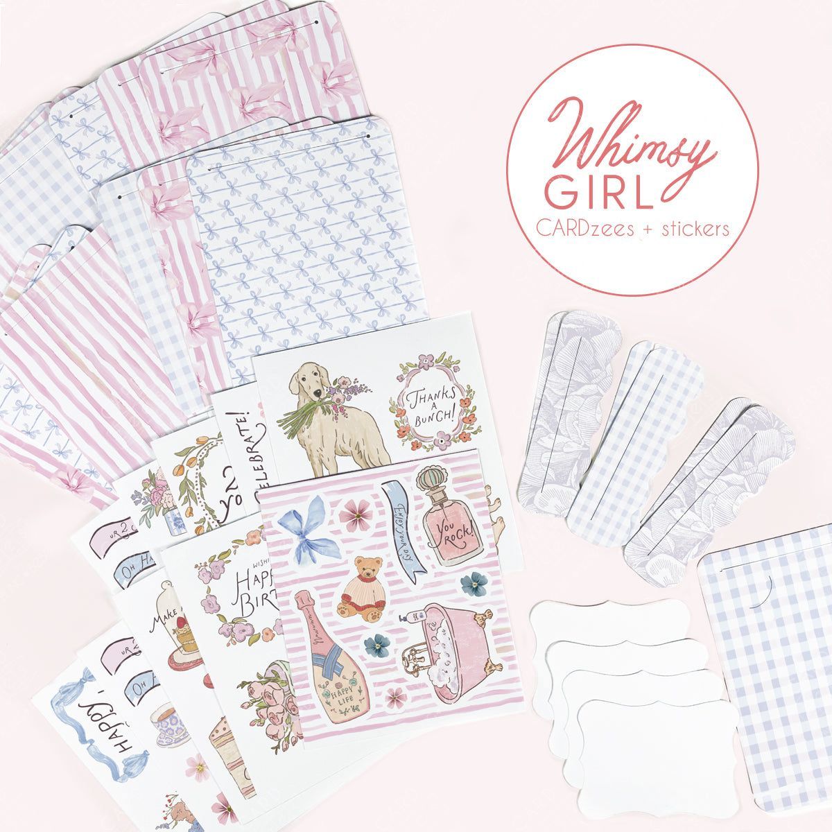 Cute stickers plus interlocking panels easily make a storybook-style unique birthday card. Collection of decorative sticker sheets and cardzees interlocking panels with 'Whimsy Girl' branding on a light pink background.