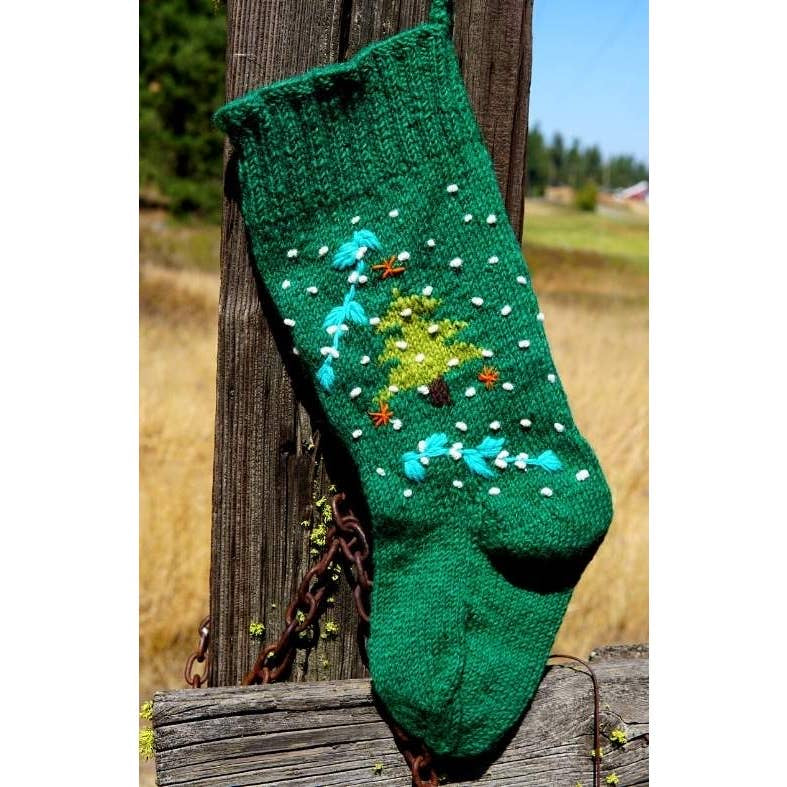 Hand Knit Christmas Stocking - Green Tree